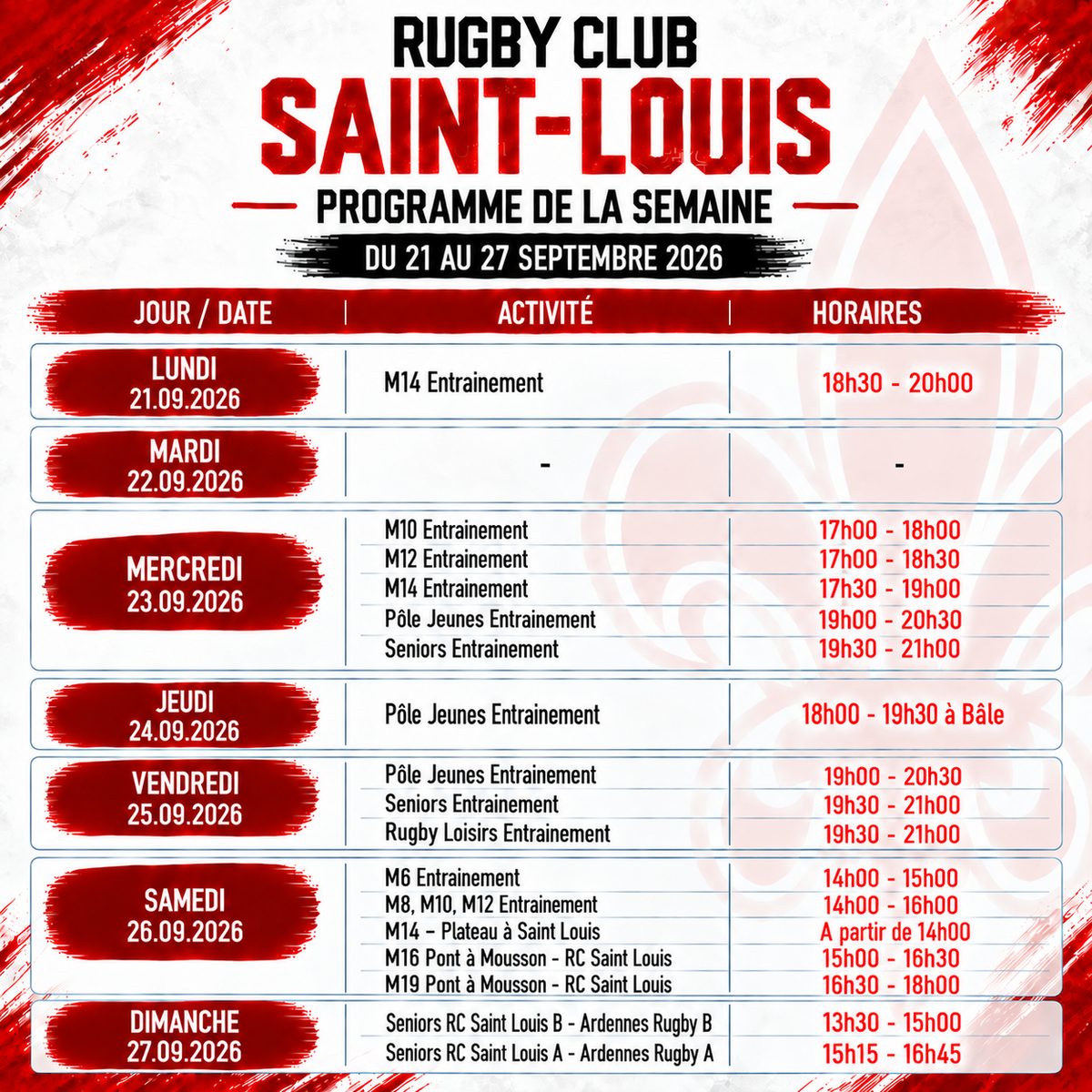 PROGRAMME SEMAINE 21 AU 27.09.2026