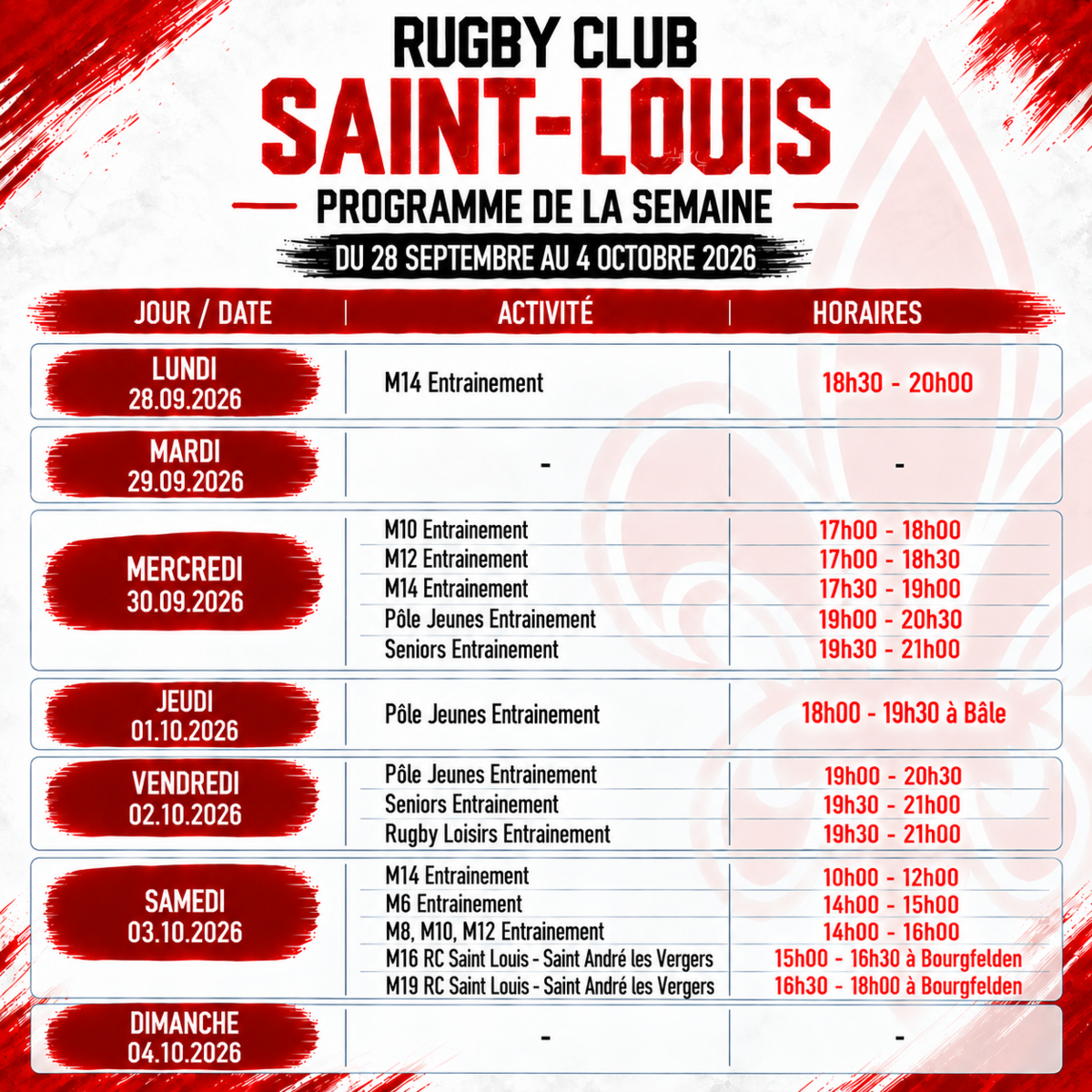 PROGRAMME SEMAINE 28.09 AU 04.10.2026
