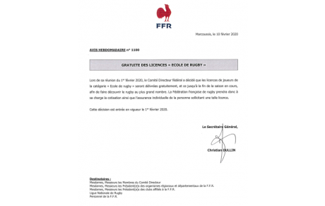 GRATUITÉ DES LICENCES &quot;ECOLE DE RUGBY&quot;